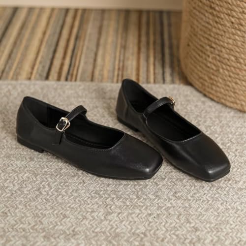 Stunner Women's Mary Jane Flats Fashion Square Toe Soft Ballet Flats Comfort Leather Office Driving Flat Shoes Black 38(7) 22