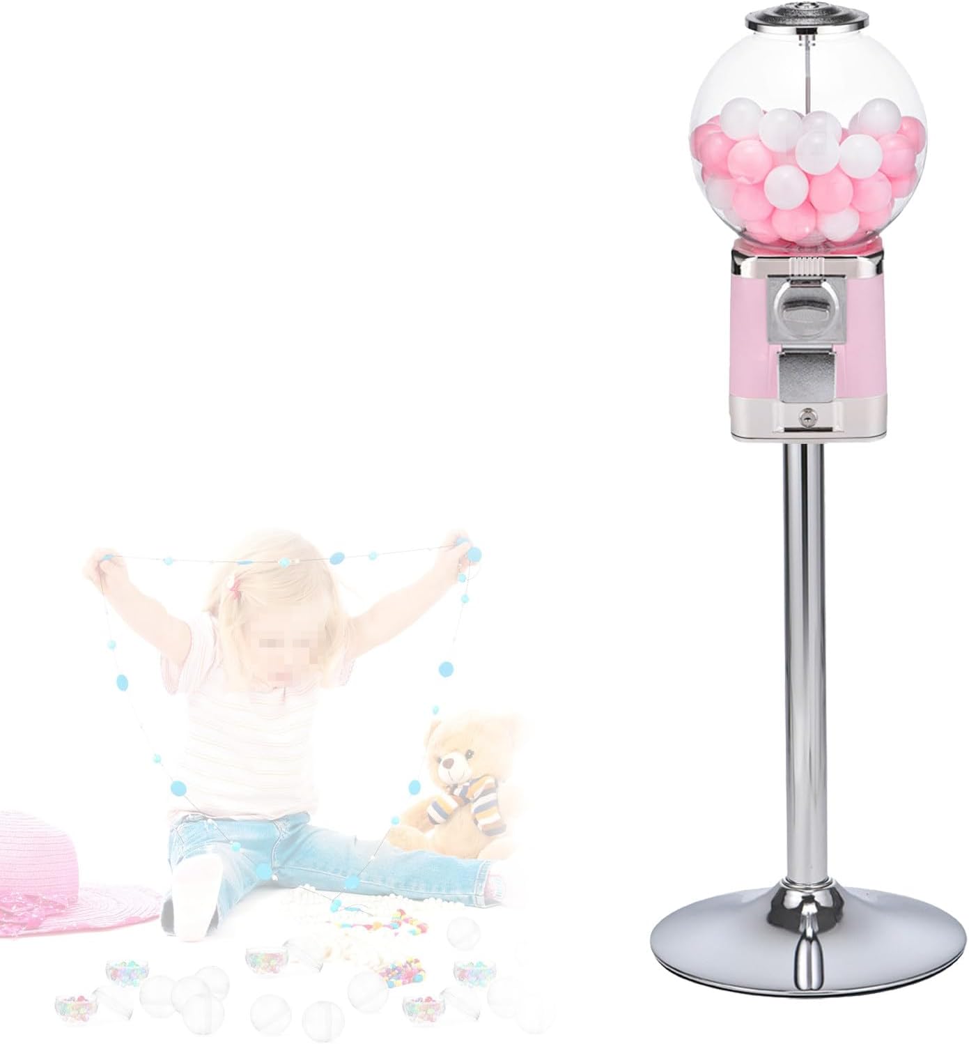 Lockable Pink Vending Machine for Big Bubble Gumballs & Candy, Classic Toy Capsule Dispenser, Perfect for Bouncy Balls & Treats, Silver Drawer Included