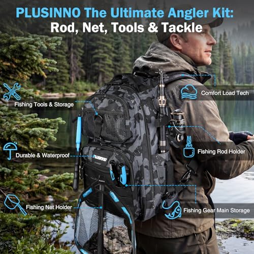 Image of PLUSINNO Fishing Gear, Fishing Backpack with Fishing Rod, Tackle Box, Waterproof Tackle Backpack with Rod Holders,Lures, Tools, Pliers & Accessories, Fish Gifts for Men