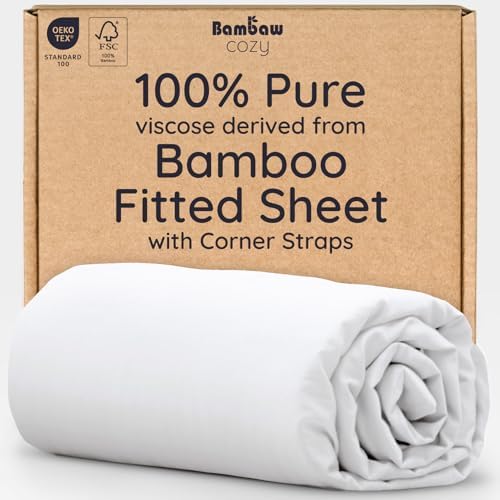 Bambaw White Queen Fitted Sheet with Elastic Corner Straps, 100% Viscose Derived from Bamboo, 16'' Deep Pocket, Queen Size - Thumbnail 2