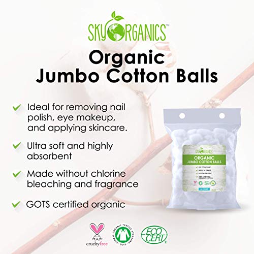 Sky Organics Organic Jumbo Cotton Balls For Sensitive Skin, 100% Pure Gots Certified Organic For Beauty & Personal Care, 60 Ct. #TOP1