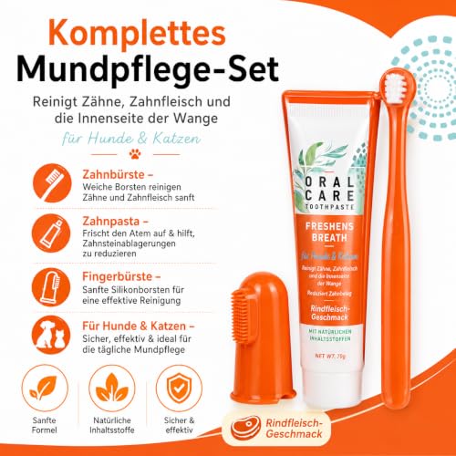 DENDAWEN Hunde Zahnpflege Set: Hundezahnpasta gegen Zahnstein und Mundgeruch, Zahncreme, Zahnpflege-Fingerling und Zahnbürste