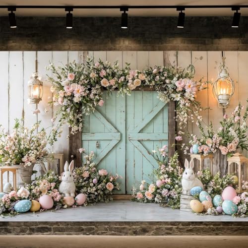 DYNH 12X10ft Happy Easter Spring Photo Backdrop Party Decorations, Spring Easter Eggs Rabbit Bunny Floral Blue Wooden Doors Backdrops for Photography Background Photo Banner Booth Props