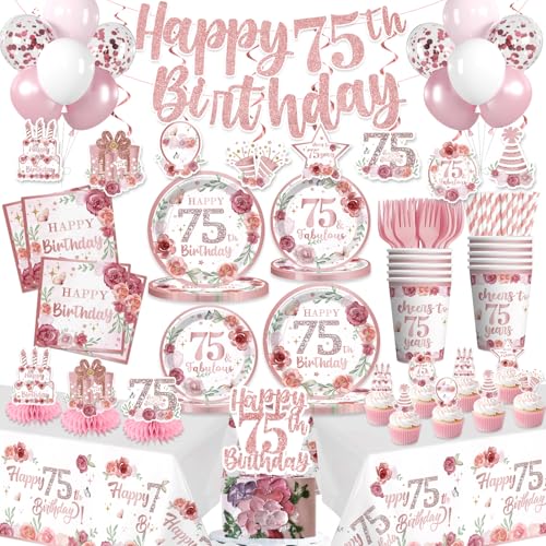 Yingto 196 PCS 75th Birthday Decorations for Women, Happy 75th Birthday Party Supplies with Plates, Napkins, Cups, Banner, 2 Tablecloths, Balloons & Cupcake Toppers, Serves 25, Floral Theme