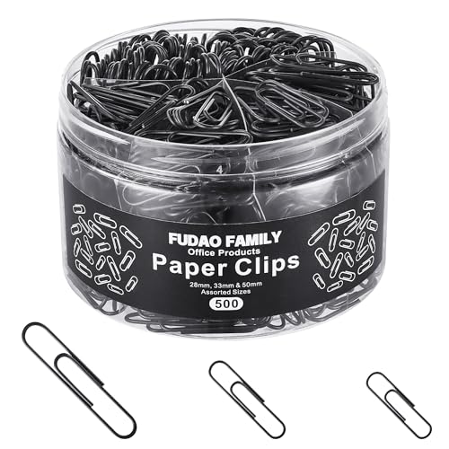 FUDAO FAMILY 500pcs Paper Clips Assorted Sizes, Small, Medium and Large（1.1inch, 1.3inch and 2inch Paper Clips, Vinyl Coated Paperclips for Office, School, Home Supplies (Black)