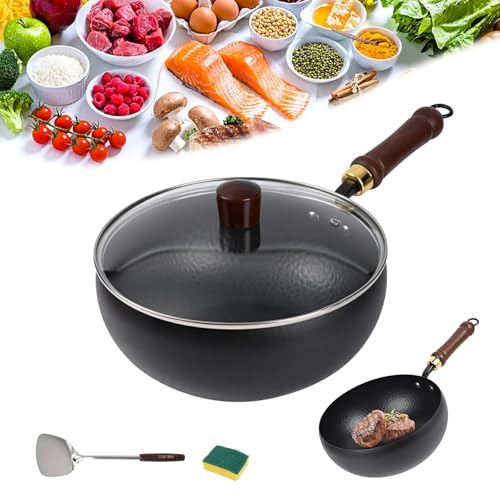 lylzb Suntuup Japanese Iron Pan, 9.6-12in Suntup Iron Pan, Hand Forged Non Stick Irons Pans, Wok Pans for Cooker Gas Stir Fry Pans, With Spatula and Pot Lid (Hammered Finish Glass Lid, 9.6in/24cm)