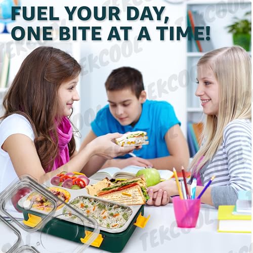Image of TEKCOOL Lunch Box for Adults - Lunch Box for Kids with Spoon & Fork - Stainless Steel Lunch Box with 4 Compartment - Durable Perfect Size for On-The-Go Meal, BPA-Free