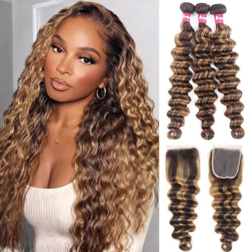 4/27 Human Hair Bundle with Closure Loose Deep Wave Bundles 14 16 18+14Inch