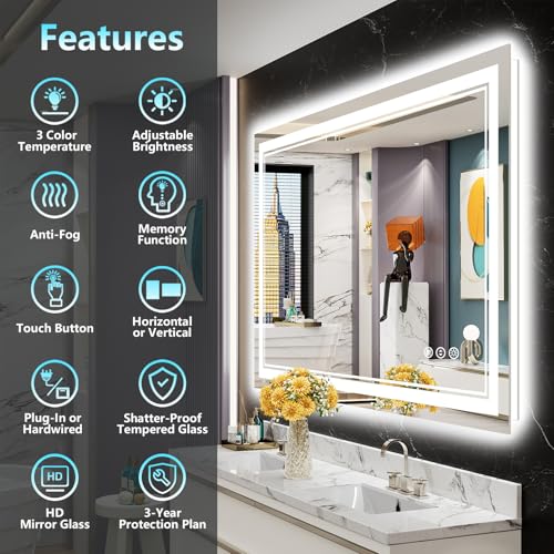 Image of 48x30 LED Bathroom Mirror with Lights, Backlit and Front Lit Anti-Fog Lighted Vanity Mirrors for Bathroom Wall, Dimmable, 3-Color Light, Memory, Shatter-Proof, HD Tempered Glass, CRI>90