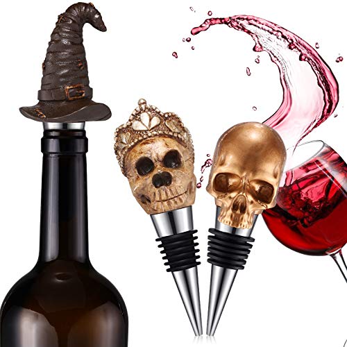 Wine Bottle Stopper with Witch and Skull Reusable Stainless Steel Bottle Stopper Decorative Wine Bottle Stopper 3 Pieces