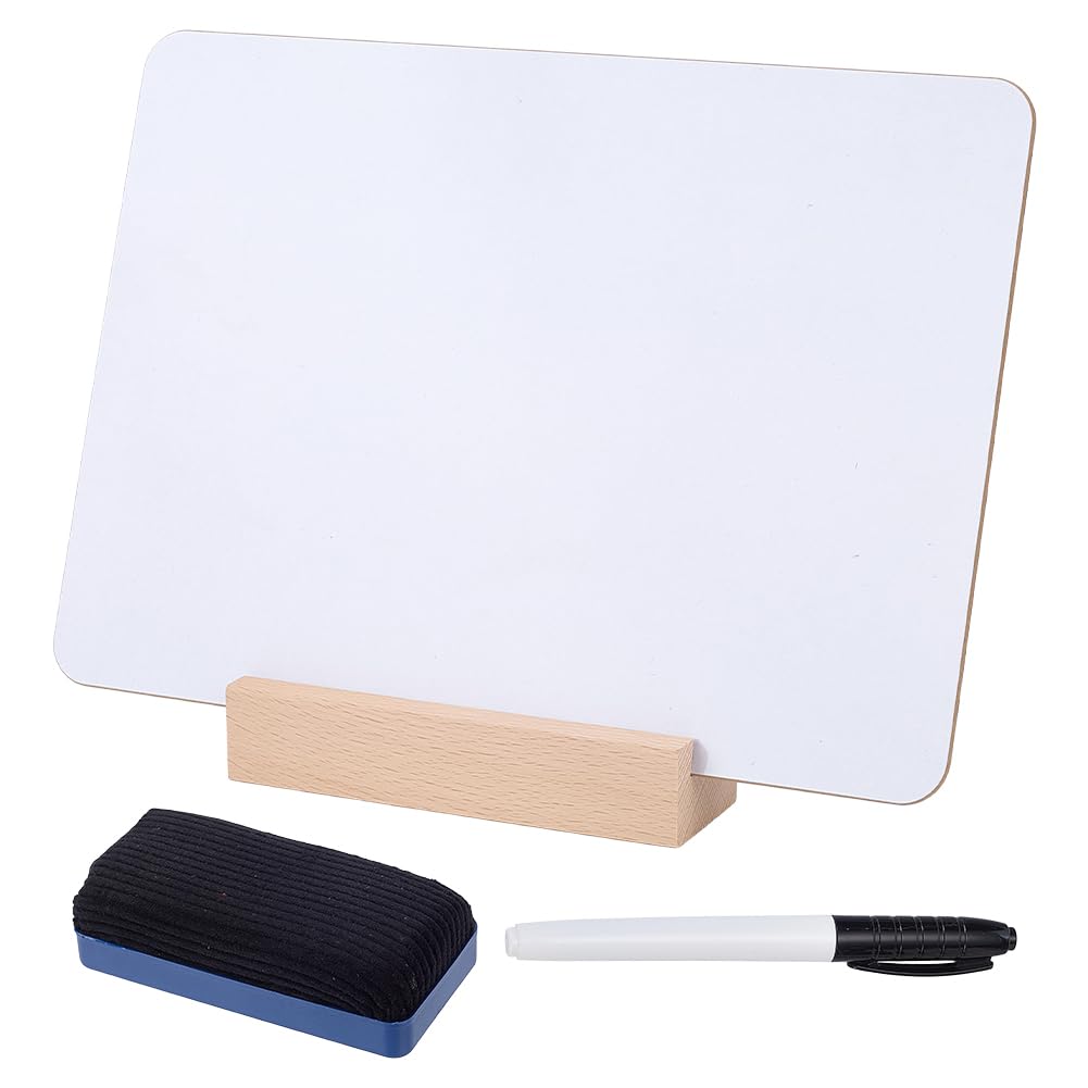 WADORN Desktop Plastic Whiteboard with Wood Base, Double Sided Dry Erase Whiteboards with Pen & Eraser Reusable Portable Desktop Writing Note Pad Board for Home Office Display Supplies