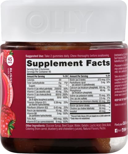 OLLY Women's Multivitamin Gummy, Vitamins A, D, C, E, Biotin, Folic Acid, Adult Chewable Vitamin, Berry Flavor, 45 Day Supply - 90 Count (Packaging May Vary) 90 Count (Pack of 1) Gummies