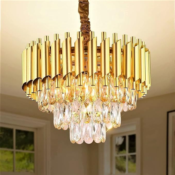 Crysta Belle Luxury Crystal Chandelier Ceiling Light | Gold Tier Round Crystal Hanging Lamp with LED | Warm White, Moon Light & Golden Light | Premium Living Room & Hall Decor (400 MM)-image-10