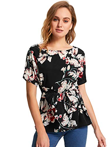 Romwe Women's Floral Print Short Sleeve Self tie Waist Knot Blouse Top Black L