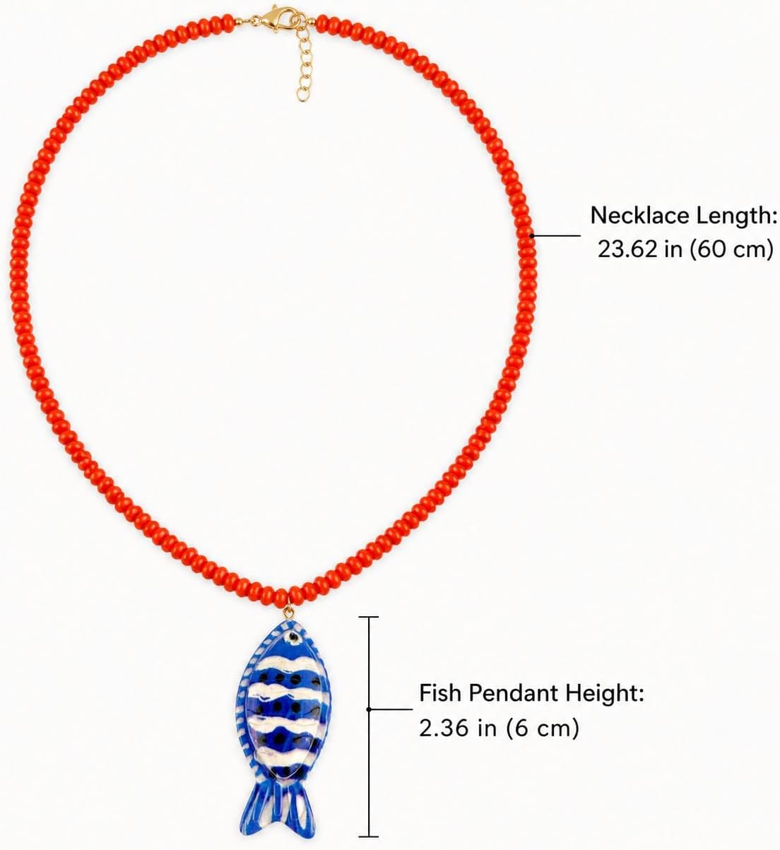 Red Beaded Fish Necklace for Women Chunky Large Beaded Fish Pendant Big Bead Boho Beach Vacation Jewelry Colorful Statement Summer Beach Necklace Gift