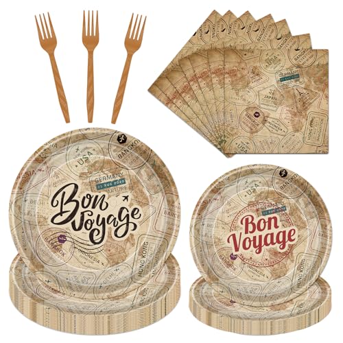 Vemfare Bon Voyage Party Decorations - 96 Pcs Travel Themed Party Supplies Disposable Plates Napkins Forks Tableware Set for Travel World Adventure Decorations Going Away Table Decor 24 Guests