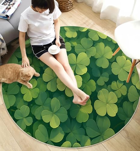 Tapis rond salon vert sauge imprimé trèfle antidérapant 80cm