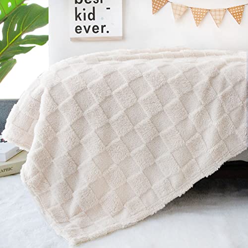 Image of HOMRITAR 3D Gingham Fleece Baby Blanket for Girls Boys Chessboard Grid Warmer Comfort Reversible Shaggy Cozy Decor for Home Bed Blanket for Toddlers 30 x 40 Inches Cream