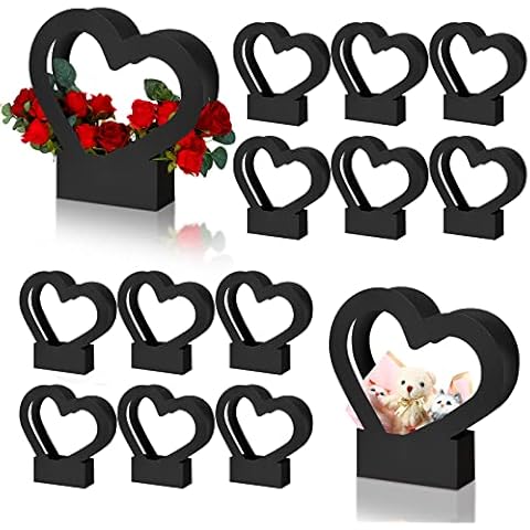 Sinmoe 12 Pcs Heart Shaped Boxes for Flowers Empty Bouquet Gift Bags with Handle Folding Basket for Wedding Arrangement Graduation(Black) Cover