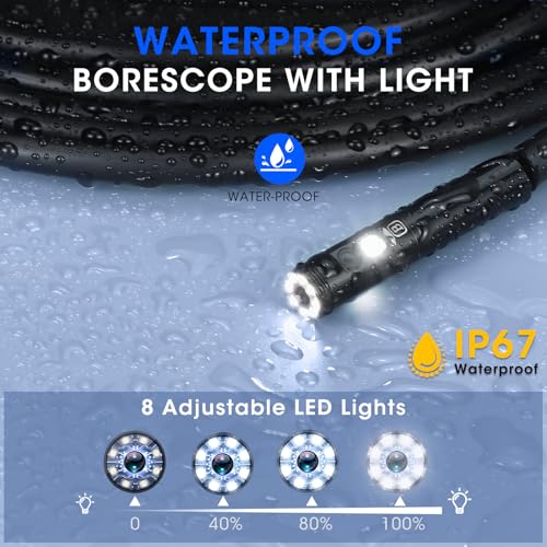 Image of Triple Lens Borescope with 5 inch IPS Screen, 1920P HD Inspection Endoscope Camera with 50FT Semi-Rigid Snake Cable & 32GB Card, IP67 Waterproof Plumbing Camera for Sewer /Automotive /Drain Pipe