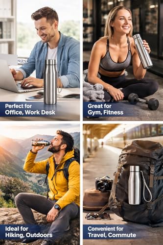 Image of REGX Stainless Steel Water Bottle 700 ml, Single Wall BPA Free Reusable Bottle for School Office Gym Travel, Leak Proof Metal Bottle with Lid, Silver, Food Grade Steel