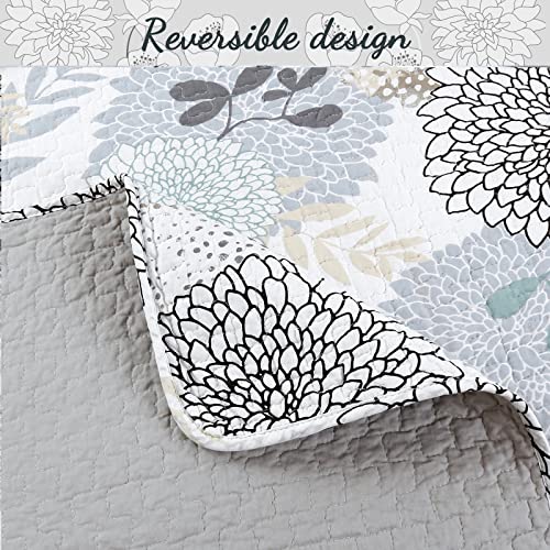 Cozy Line Home Fashions Nina Trista Flowers Aqua Blue Tape Grey Floral Print 100% Cotton Reversible Quilt Bedding Set, Bedspread Coverlet (Aqua Blue, King - 3 Piece)