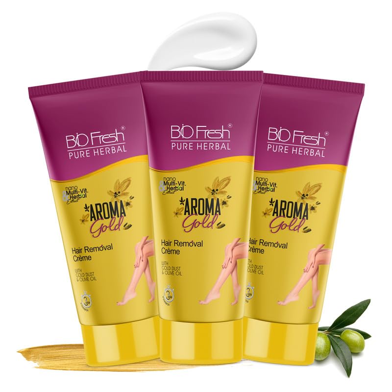 BIOFRESH PURE HERBAL Aroma Gold Hair Removal Cream for Women, Painless Hair Removal for Bikini, Legs & Underarms, Enriched with Olive Oil & Gold Dust, Suitable for All Skin Types, 60g (Pack of 3)-image-47