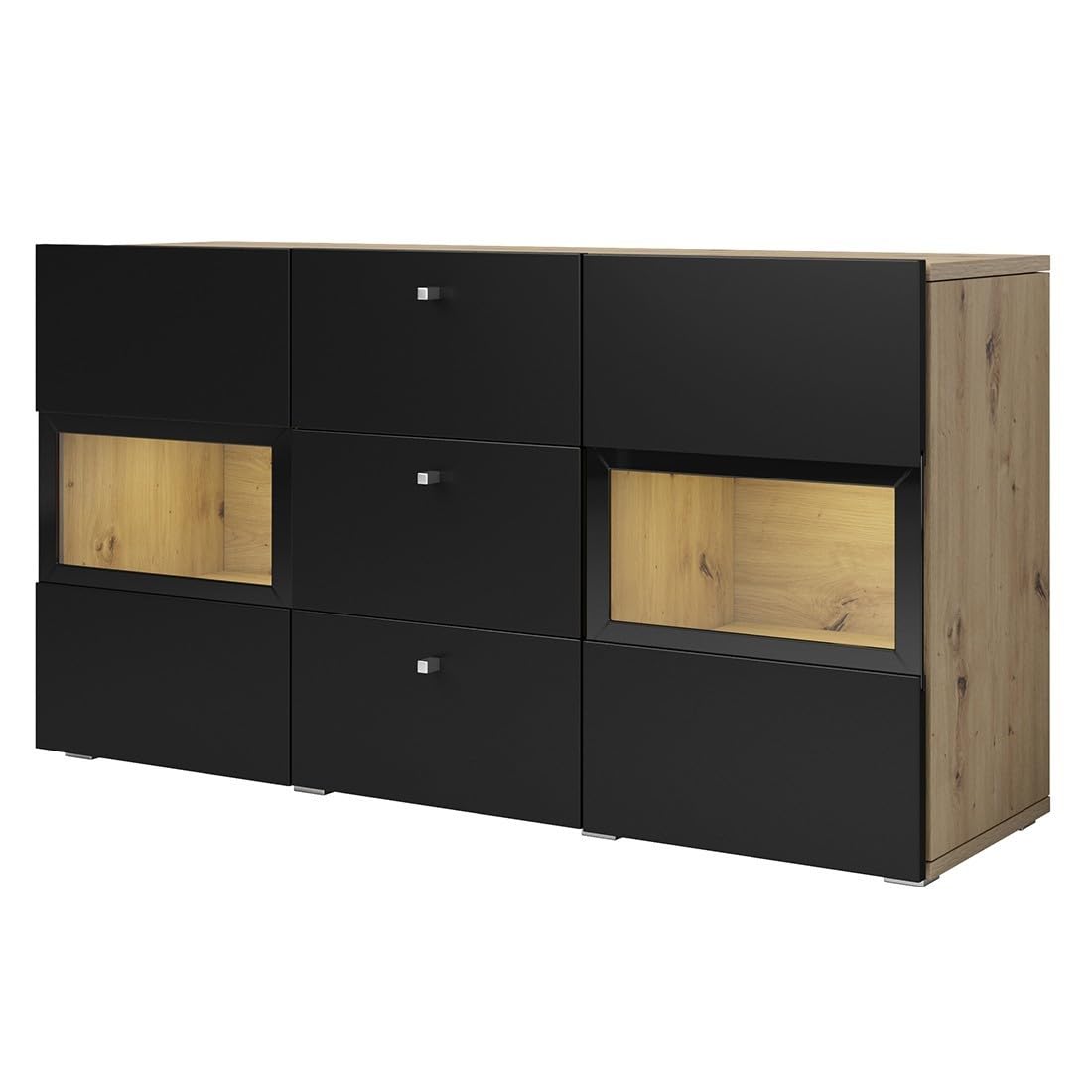Ensemble Salon Complet Ramos – Chêne et Noir – 7 Meubles avec LED Multicolore intégrée
