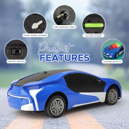 Image of 3D LED High Speed Rechargeable Remote Control Car for Kids, RC Racing Vehicle with Bright Lights, 2 AA Battery Controller (Blue)