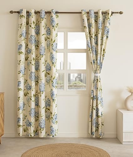 Image of THE LINEN COMPANY Duck Canvas Printed Curtains 5 Feet for Window, Floral Pattern Window Drapes, 5ft Set of 2, Flower Heaven Blue