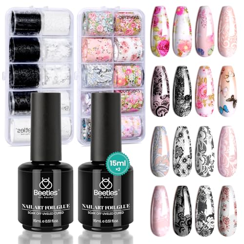 Beetles Nail Art Foil Glue 15ml x2 Soak Off UV/LED Gel Polish Adhesive Dual Bottle Nail Art Transfer Glue for Foil Stickers Metallic Patterns Long Lasting DIY Decoration