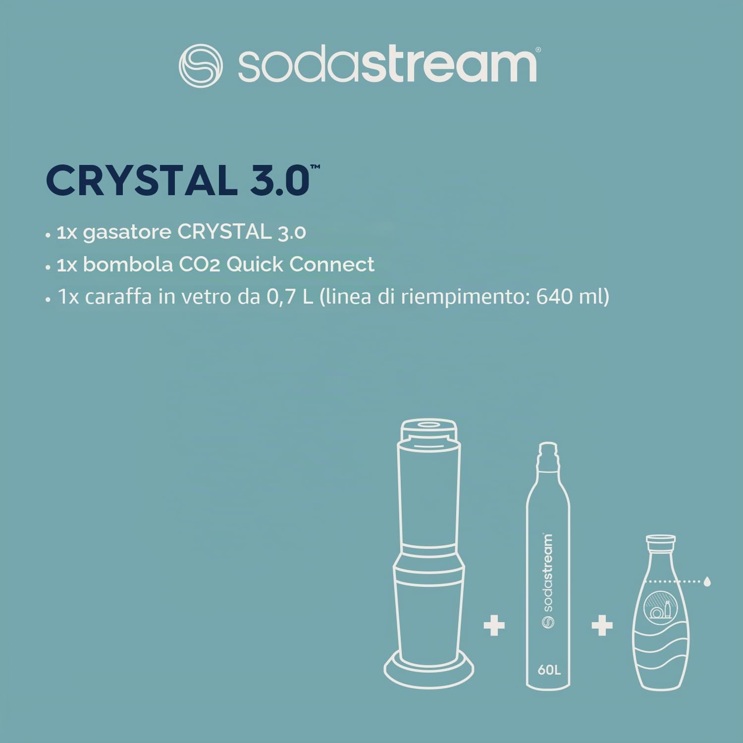 Sodastream Crystal Nero, Gasatore d'acqua frizzante utilizzare solo bottiglie di vetro Sodastream, inclusa bombola Co2 alimentare e bottiglia di vetro da 1 litro