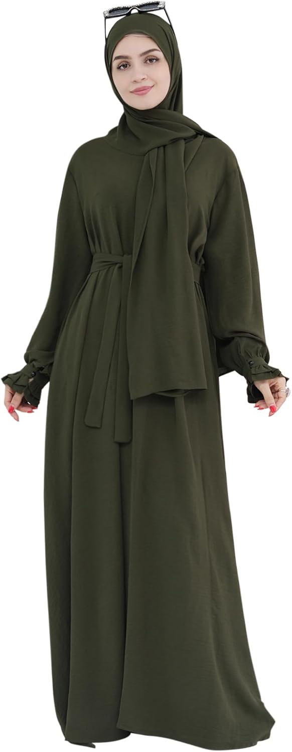 Women Muslim Dress Middle East Arabian Robe Islamic Modest Dress with Hijab Scarf Lace Sleeve Flowy Abaya Dress - Image 5