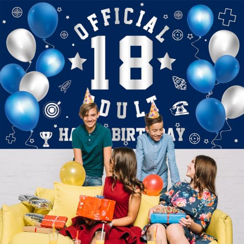 Image of Happy 18th Birthday Banner Backdrop 18th Birthday Decorations for Boy | Large Official Adult 18 Year Old Backdrop 18th HBD Party Decorations Supplies, Navy Blue Silver