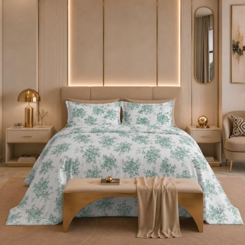 Image of Jaipur Weaves Cotton Percale King Size Bedsheet 108x108 Super King, 100% Pure Cotton Bed Sheet with 2 Pillow Covers, 300 TC Soft Breathable Floral Design Bedding (Green Meadows, Super King)