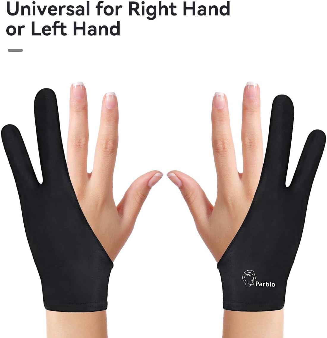 Two hands, each wearing a Parblo PR-01 Two-Finger Glove, demonstrating its universal fit for both left and right hands.