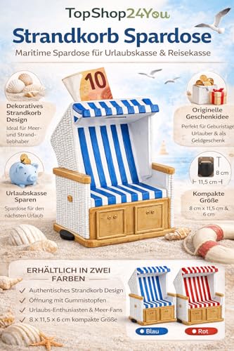 TopShop24You Strandkorb Spardose – Maritimes Design – Urlaubskasse & Reisekasse Sparbox – Geldgeschenk für Urlaub & Meer Fans – 11,5 cm (Blau)