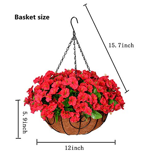 Homsunny Artificial Hanging Flowers In Basket, Silk Flower With 12 Inch Flowerpot Centerpieces ,Fake Hanging Plants In Coconut Lining Hanging Baskets For Outdoors Indoors Courtyard Decor (Rose Red) #TOP4