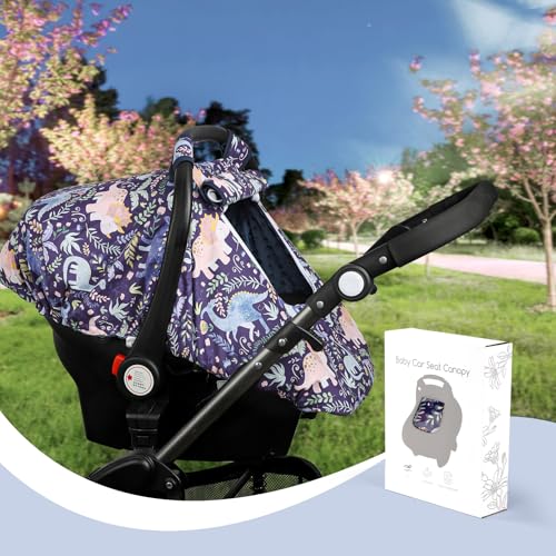 Image of Pea Pod Car Seat Cover Baby, Infant Car Seat Canopy Covers for Newborn with 2 Layers Windows of Breathable Mesh Fabric, Lightweight Polyester /Soft Minky Dot Backing (Dinosaur)