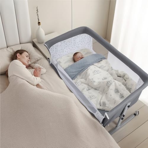 Image of Shulemin Baby Bedside Crib Baby Bassinets Bedside Baby Crib for Infant Newborn Baby Bed with Large Curvature Cradle Height Adjustable Bedside Bassinet Movable Beside Bassinet with Mosquito Net 1 Set