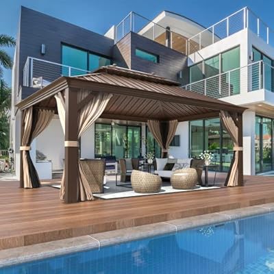 EROMMY 12'x16' Hardtop Gazebo Double Roof Galvanized Steel Canopy Outdoor Aluminum Frame Permanent Metal Pavilion with Netting and Curtains for Patio Backyard Deck and Lawns