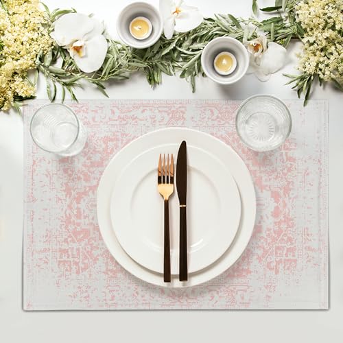 Image of Gray Pink Boho Placemats Set of 6 Ethnic Bohemian Carpet Place Mats Washable Kitchen Dining Vintage Grey Geography Floral Linen Table Mats Stain Heat-Resistant for Home Party Indoor 12x18 in