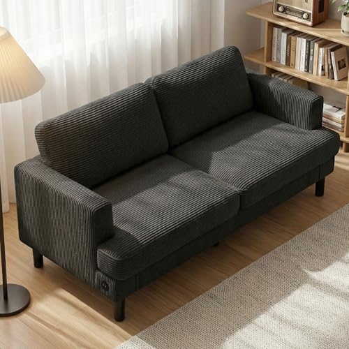 Image of 70 inch Loveseat Sofa, 2-Seater Bedroom Couches with USB & Type-C, Black | Upgrade Upholstered Deep Seat Love Seat Sleeper Sofa, Corduroy Small Couch for Bedroom, Apartment, Office