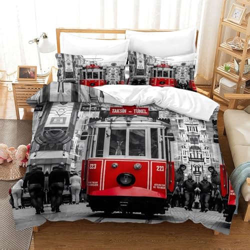 Housse de couette tramway rouge effet 3D ultra douce en microfibre résistante - 3