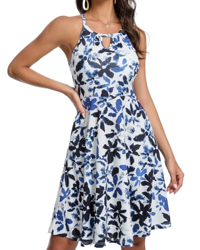 JOYSHAPER Built in Bra Summer Dress Casual Beach Sundress Flowy Halter Dress with Pockets4