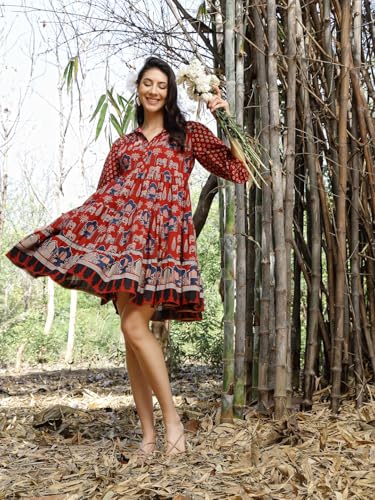 Image of Stylum Women's Rust Ethnic Printed Cotton Flared Dress