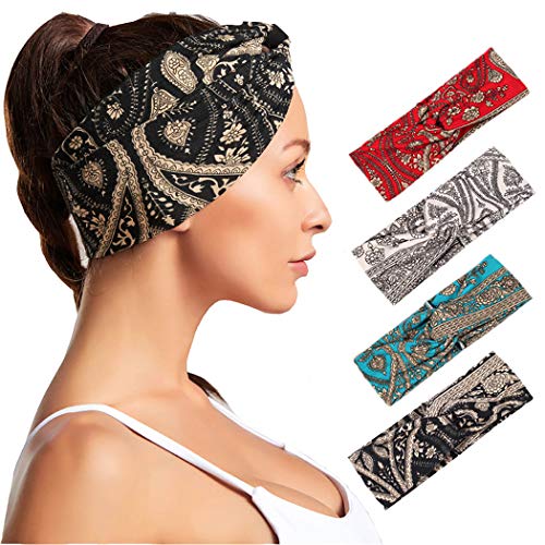Woeoe Boho Turban Criss Cross Headbands Stylish African Black Yoga Hair Bands Knotted Elastic Wide Head Wraps for Women and Girls (Pack of 4)