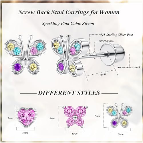 Milacolato 925 Sterling Silver Stud Earrings for Girls Women 14K Gold Plated Hypoallergenic Screw Back Earrings Cubic Zirconia Heart Butterfly Stud Earrings Set for Toddlers Teen Girls Over 3 Years Old4