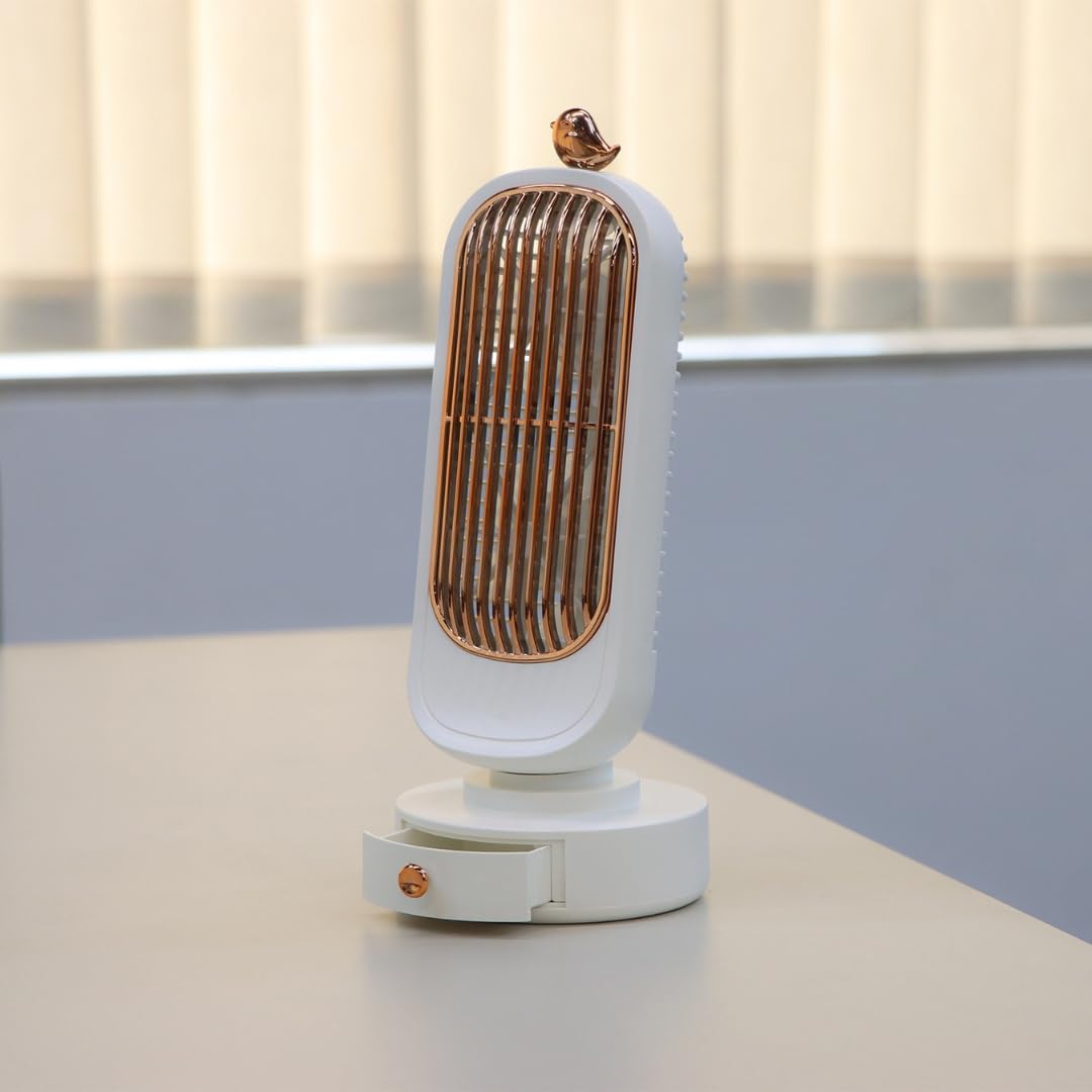 Lukzer White Mini Dual-Head USB Desk Fan with Storage Drawer | Ultra-Quiet Portable Desktop Fan for Strong Wind Cooling | Unique Compact Design for Home Office Bedroom(YS-2227) (24 x 9.5 x 6cm) CH-057-image-33
