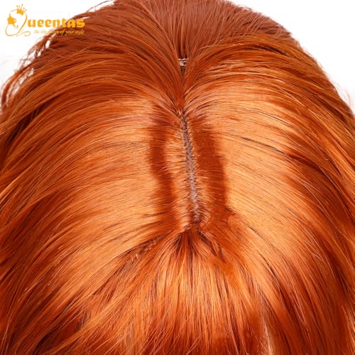 Image of QUEENTAS 12 Inch Short Ginger Bob Wavy Curly Hair Wig for Women Full Head with Bangs Synthetic Diwali Wigs